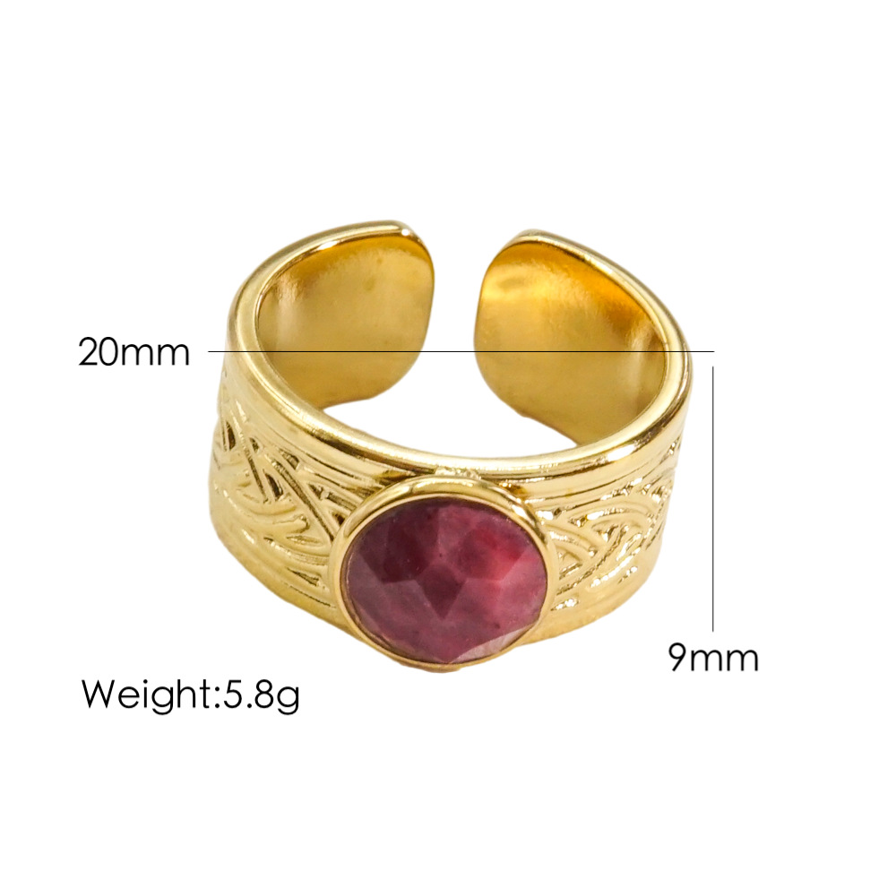 304 Stainless Steel 14K Gold Plated IG Style Plating Inlay Round Natural Stone Gem Open Rings display picture 5