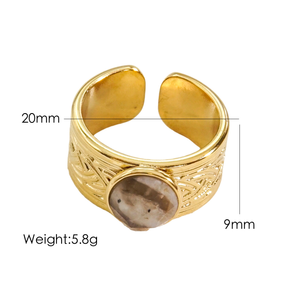 304 Stainless Steel 14K Gold Plated IG Style Plating Inlay Round Natural Stone Gem Open Rings display picture 7