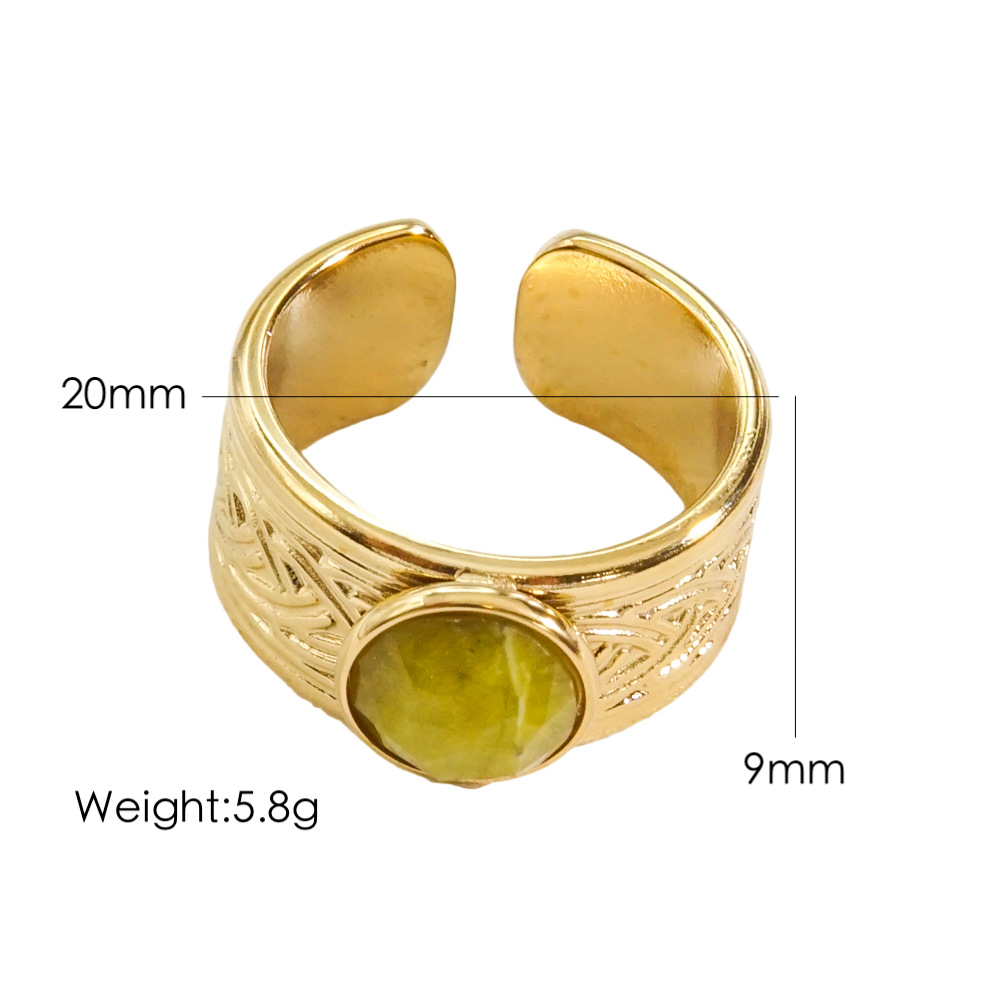 304 Stainless Steel 14K Gold Plated IG Style Plating Inlay Round Natural Stone Gem Open Rings display picture 8