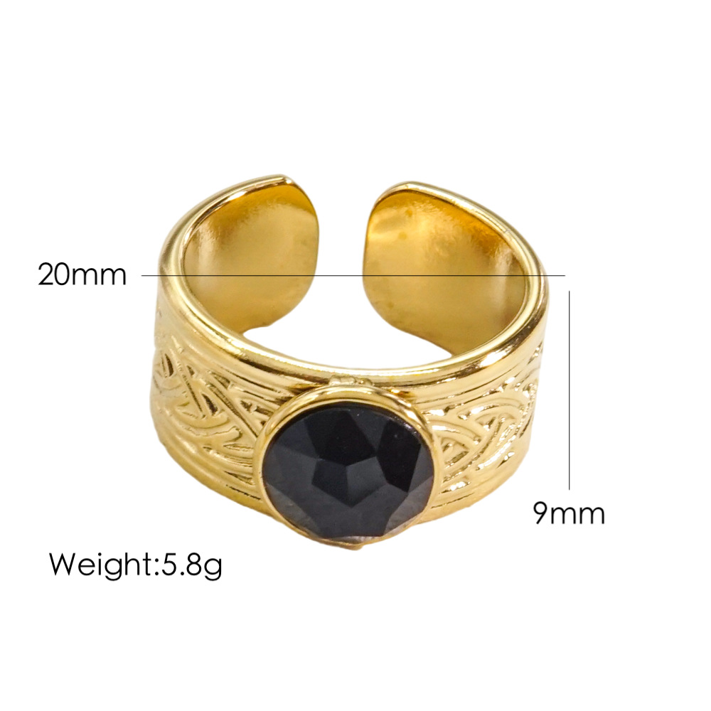 304 Stainless Steel 14K Gold Plated IG Style Plating Inlay Round Natural Stone Gem Open Rings display picture 10
