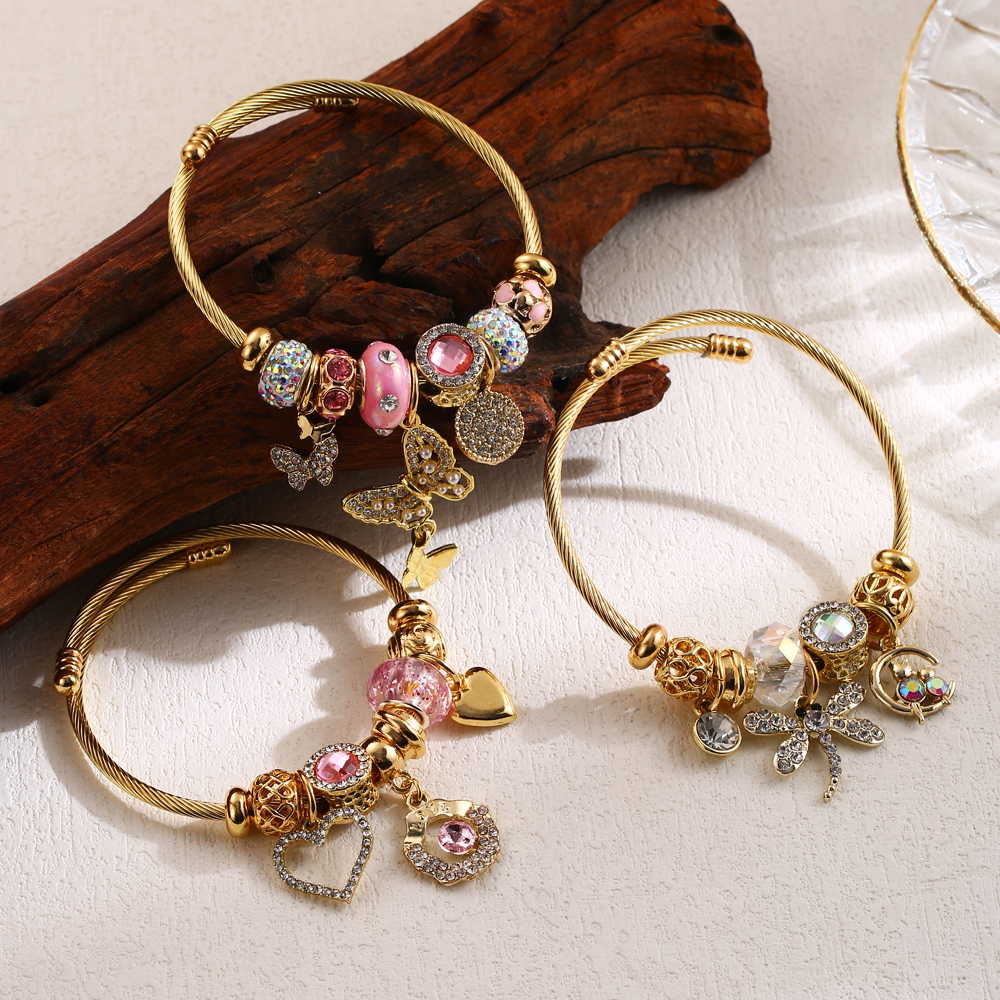 Elegant Cute Heart Shape Dragonfly Butterfly Stainless Steel Alloy Beaded Inlay Rhinestones Bangle display picture 2