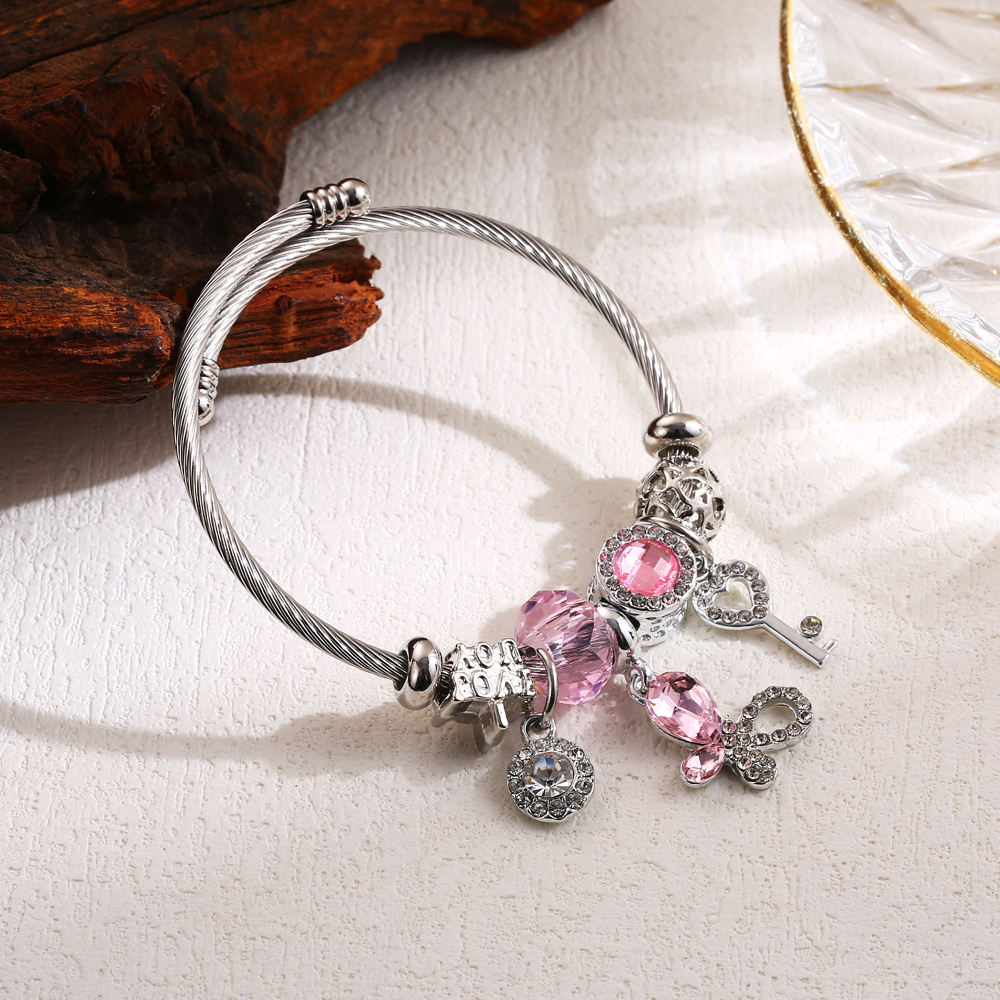 Elegant Cute Round Butterfly Key Stainless Steel Alloy Beaded Inlay Rhinestones Bangle display picture 3