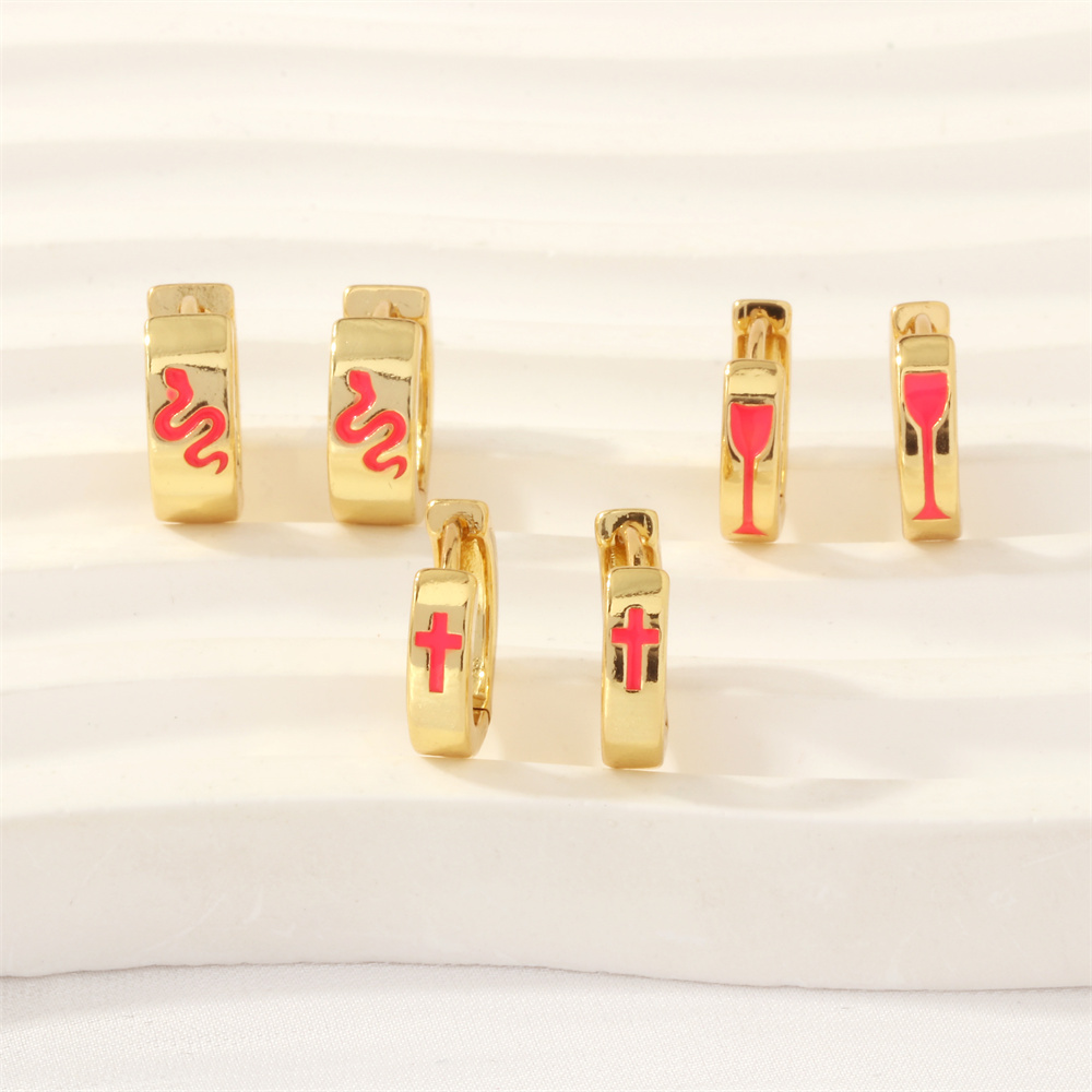 1 Pair Retro Simple Style Cross Snake Wine Glass Enamel Plating Copper 18k Gold Plated Hoop Earrings display picture 4