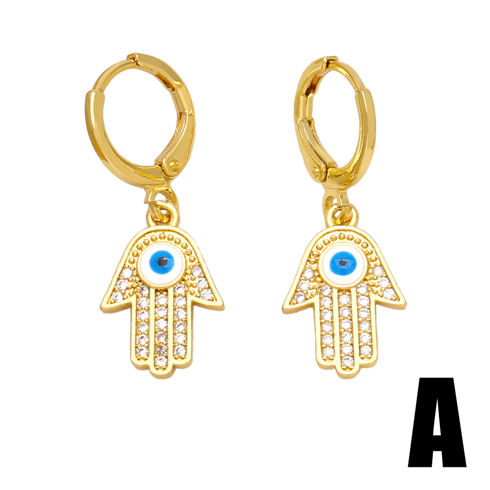 1 Pair Original Design Fashion Devil's Eye Hand Of Fatima Enamel Inlay Copper Zircon 18k Gold Plated Drop Earrings display picture 3