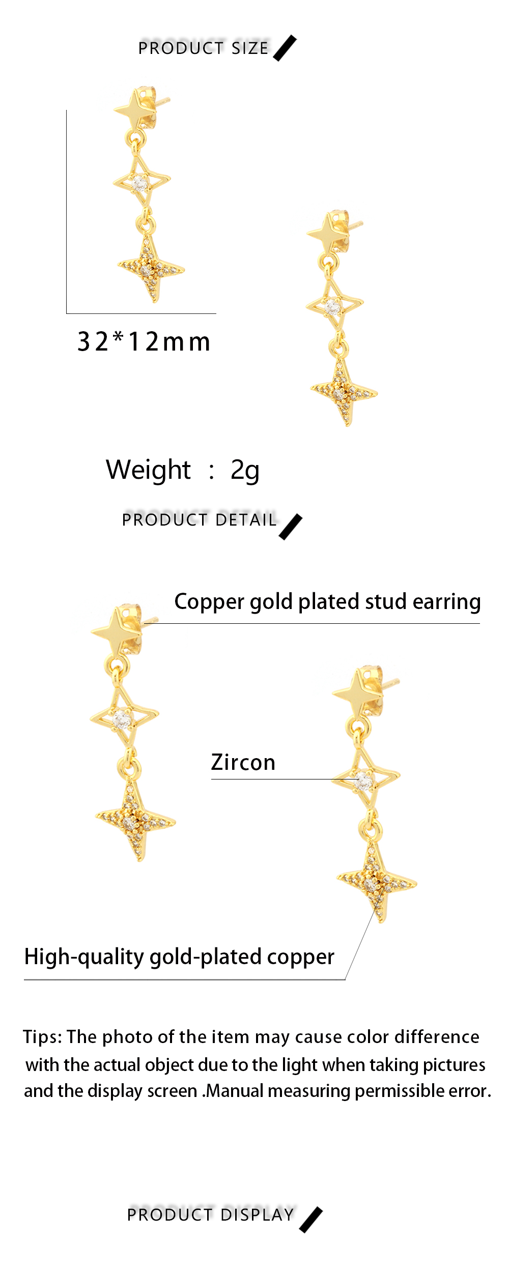 1 Pair Casual Simple Style Star Plating Inlay Copper Zircon 18k Gold Plated Drop Earrings display picture 1