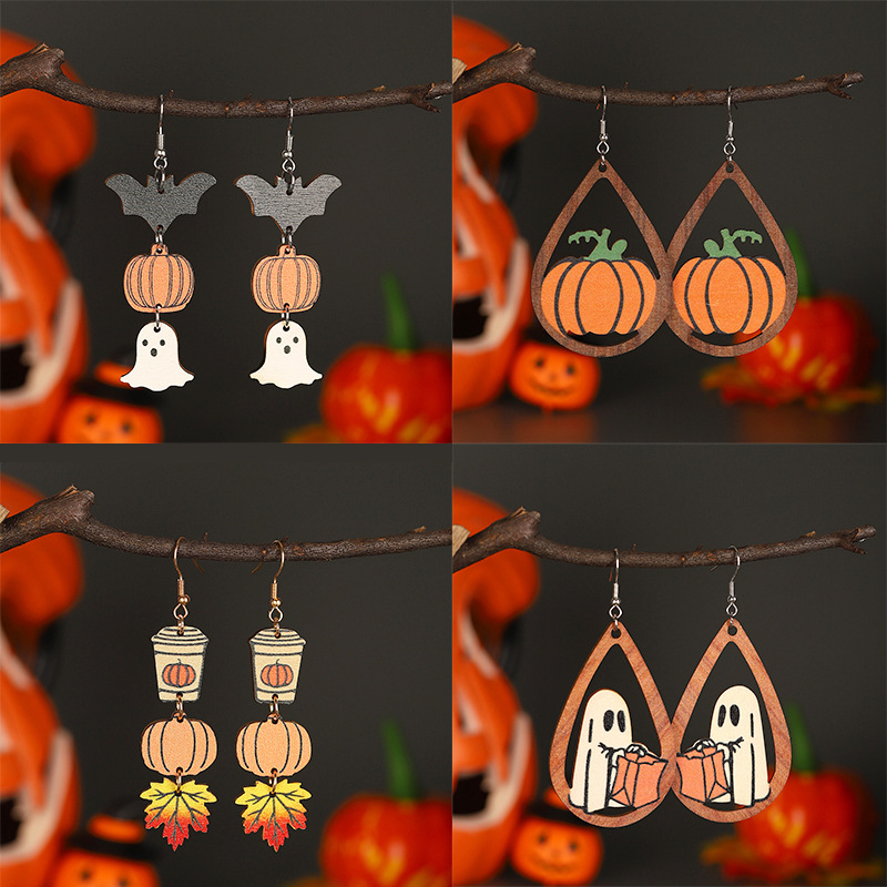 Wholesale Jewelry Funny Streetwear Pumpkin Wood Drop Earrings display picture 2