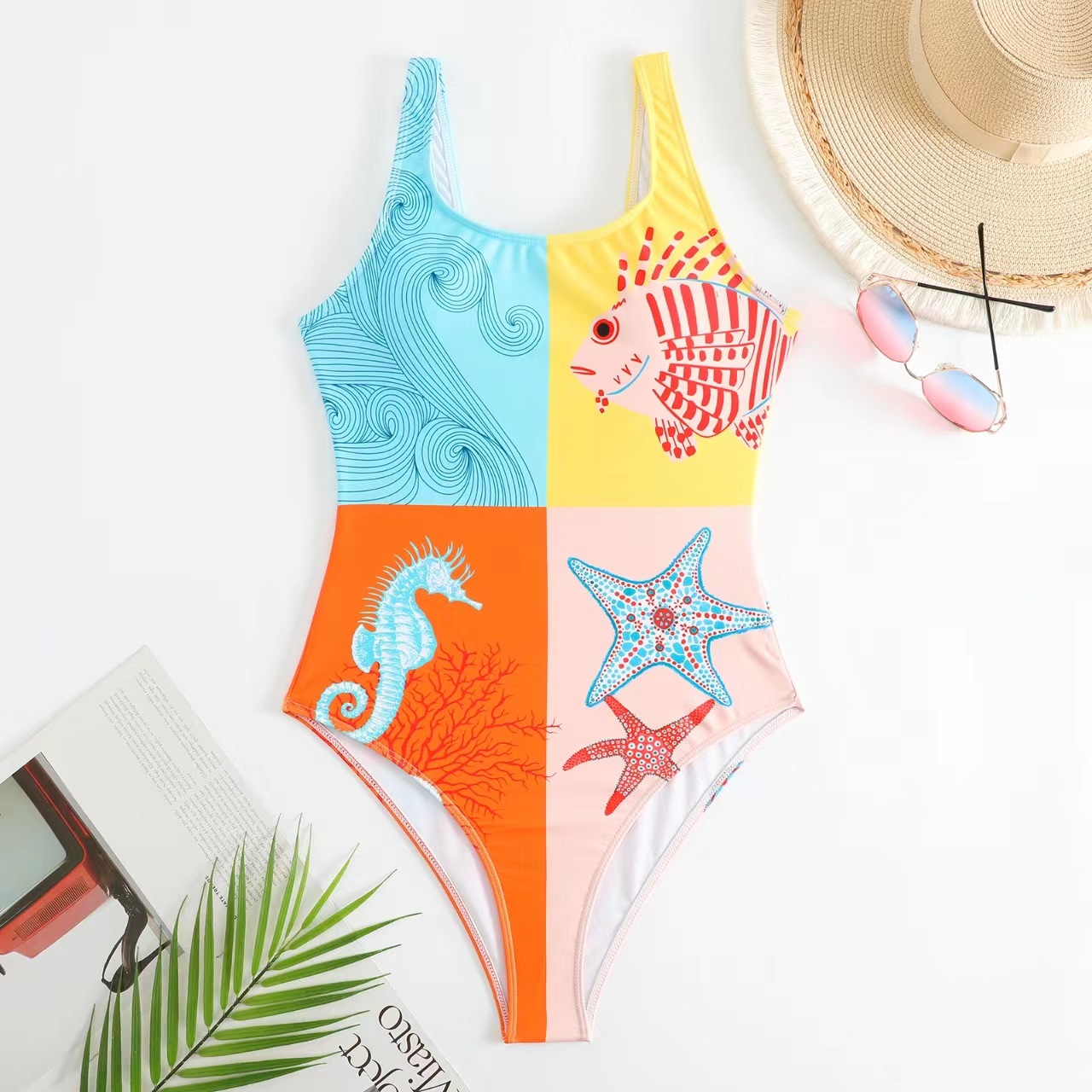 Femmes Sexy Starfish Hippocampe Fish Printing One Piece Maillots De Bain display picture 3