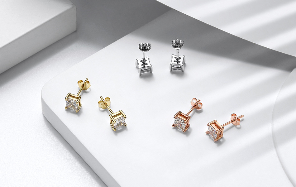 1 Pair Modern Style Simple Style Classic Style Square Plating Laser Inlay Sterling Silver Zircon 14k Gold Plated Rose Gold Plated White Gold Plated Ear Studs display picture 5