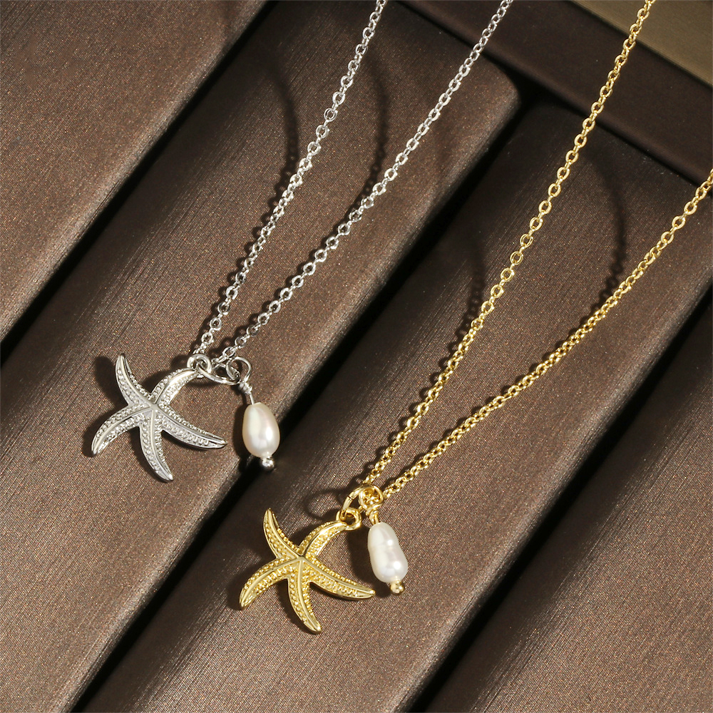 Retro Simple Style Starfish Freshwater Pearl Copper Plating 18k Gold Plated Pendant Necklace display picture 9