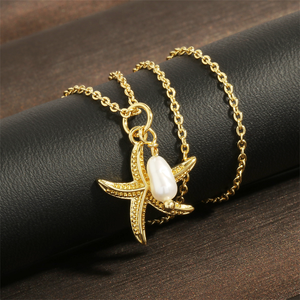 Retro Simple Style Starfish Freshwater Pearl Copper Plating 18k Gold Plated Pendant Necklace display picture 8