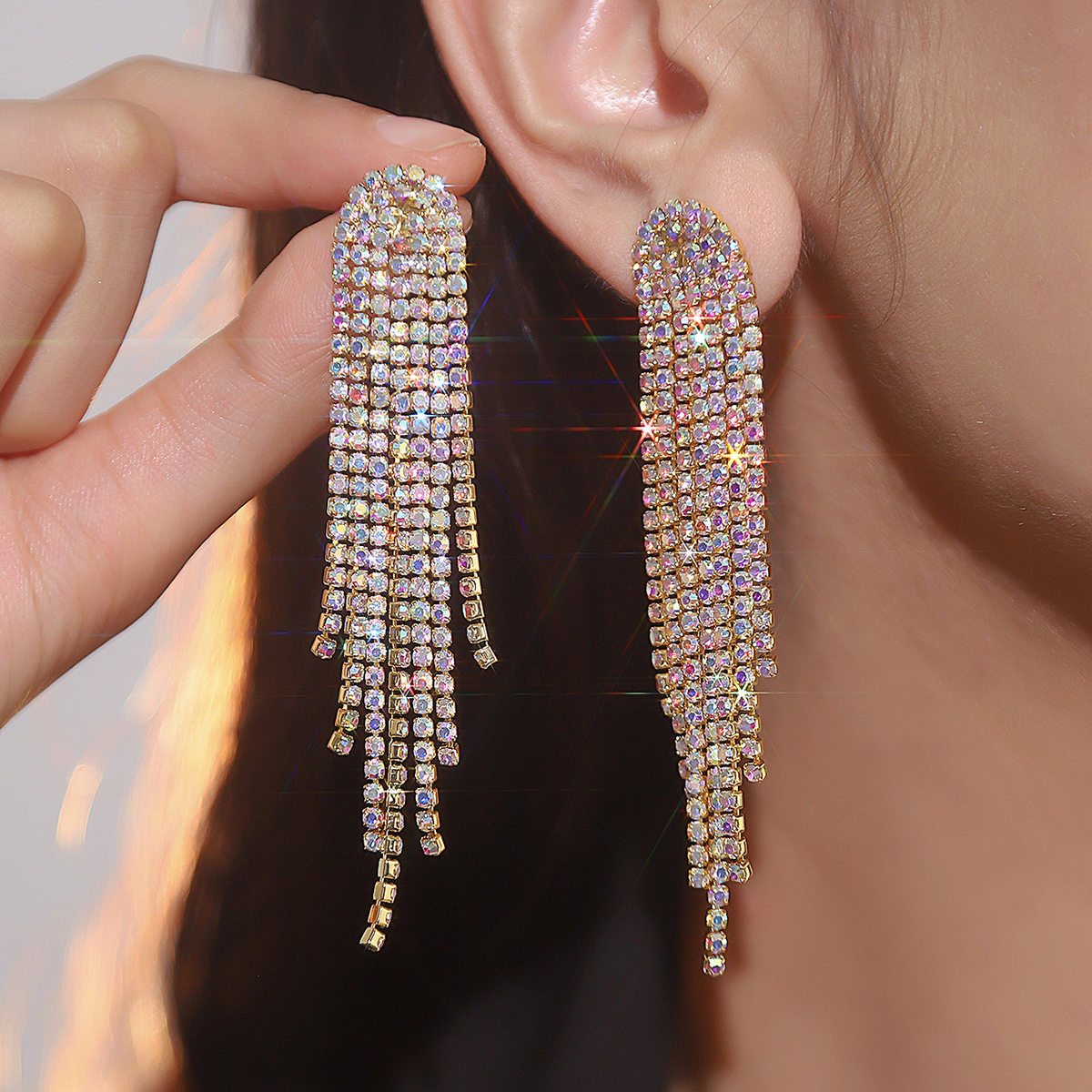 1 Pair Fairy Style Elegant Lady Tassel Rhinestone Drop Earrings display picture 1