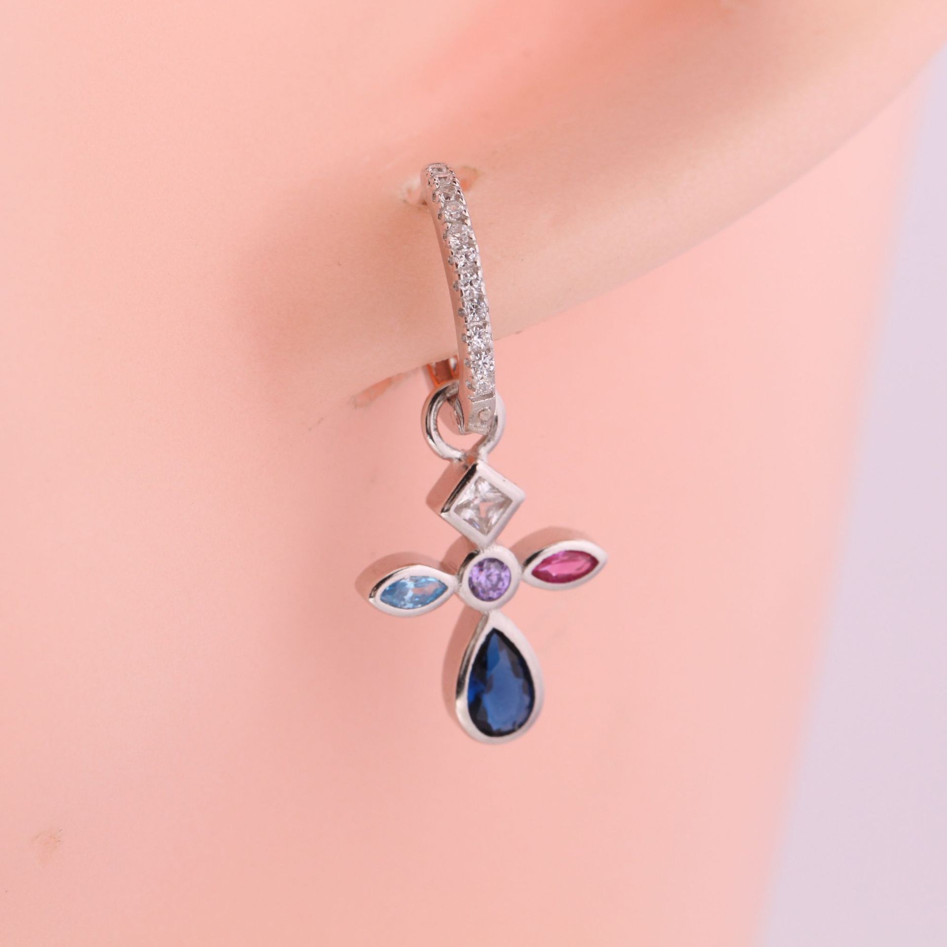 1 Pair Elegant Glam Cross Inlay Sterling Silver Zircon Drop Earrings display picture 2