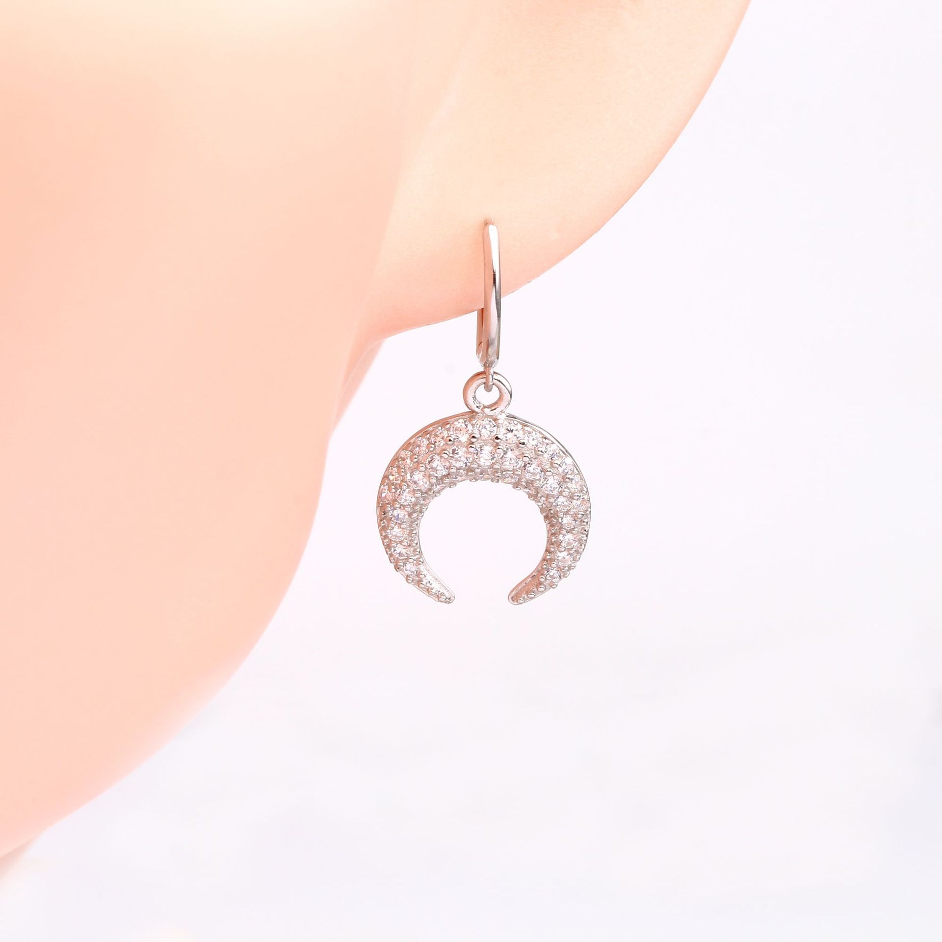 1 Paire À La Française Lune Incruster Argent Sterling Gemme Des Boucles D'oreilles display picture 8