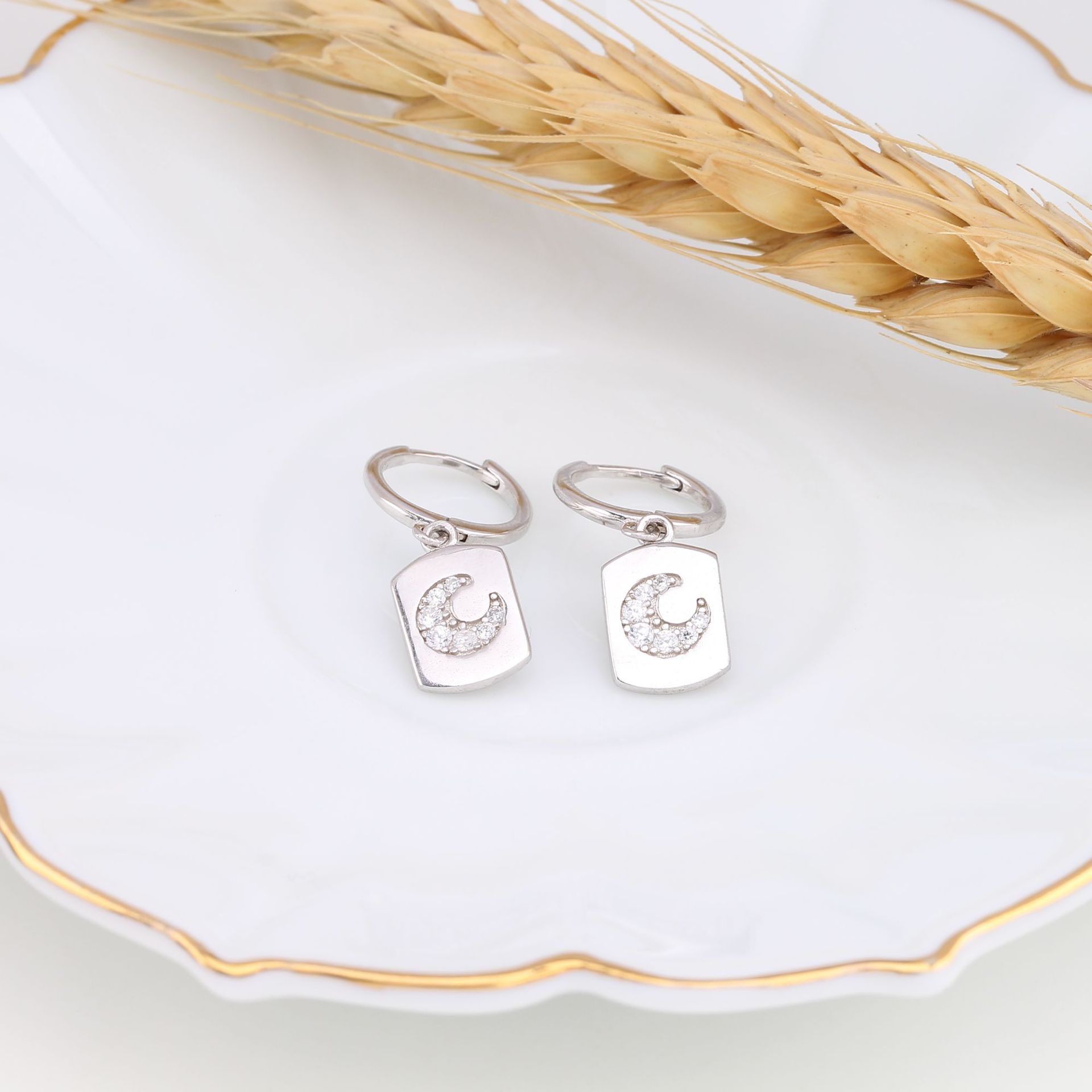 1 Pair Basic Sweet Moon Inlay Sterling Silver Zircon Earrings display picture 10