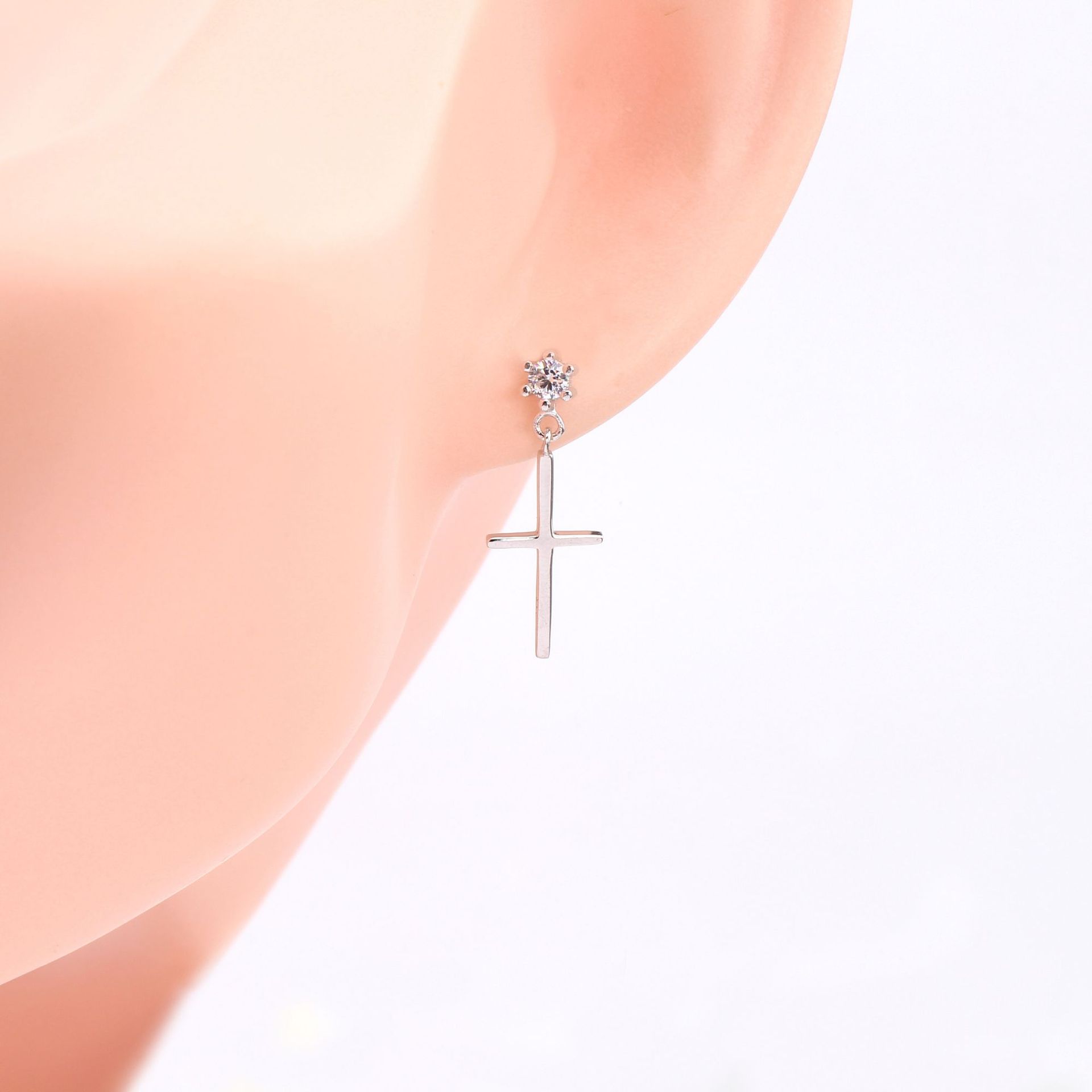 1 Pair Casual Punk Cross Inlay Sterling Silver Zircon Earrings display picture 1