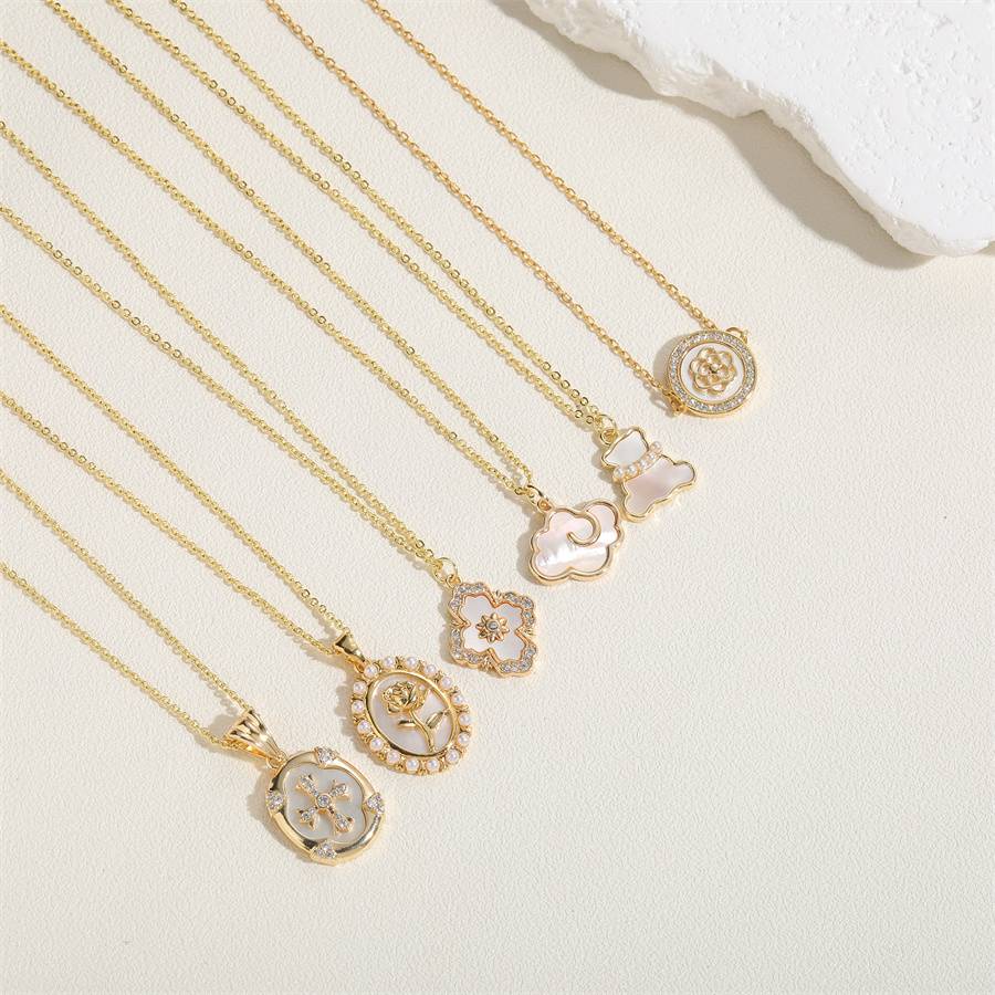 Sweet Commute Clouds Bear Rose Copper Plating Inlay Pearl Shell Zircon 14k Gold Plated Pendant Necklace display picture 4