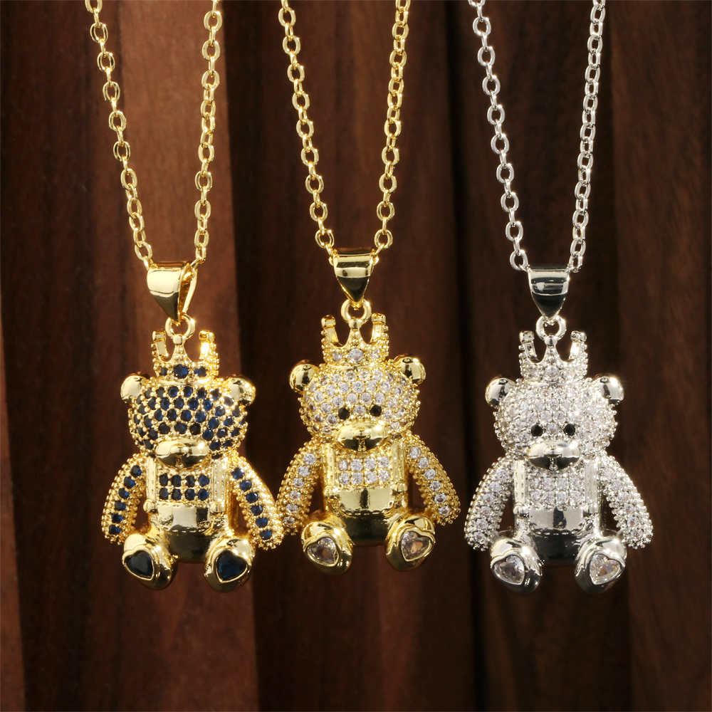 Factory In Stock European And American Style Love Bear Crown Pendant Necklace Personality Copper Inlaid Micro Diamond Clavicle Chain Accessories display picture 2