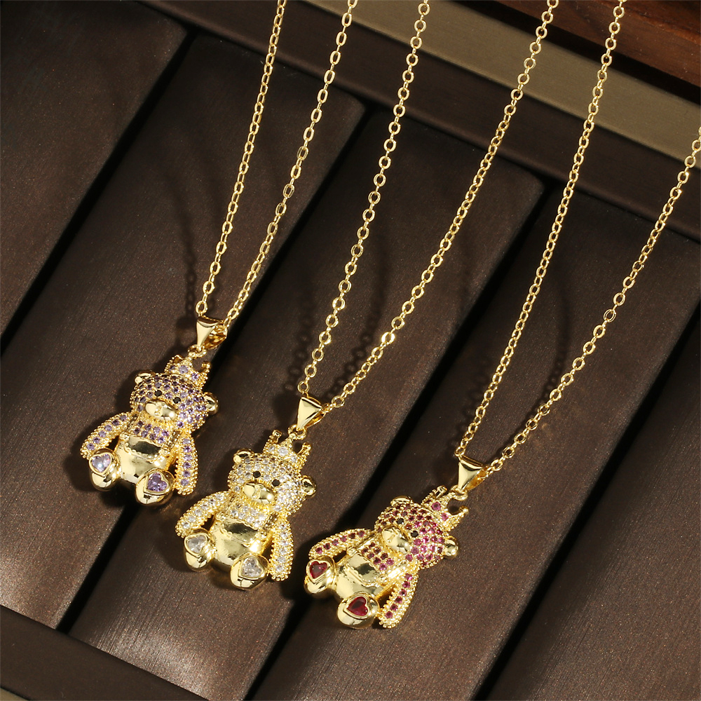 Factory In Stock European And American Style Love Bear Crown Pendant Necklace Personality Copper Inlaid Micro Diamond Clavicle Chain Accessories display picture 3