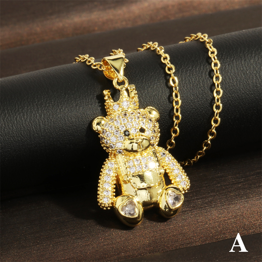 Factory In Stock European And American Style Love Bear Crown Pendant Necklace Personality Copper Inlaid Micro Diamond Clavicle Chain Accessories display picture 6