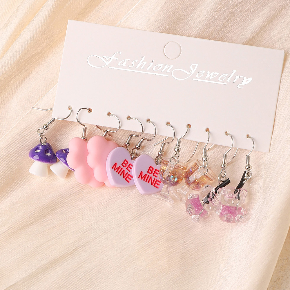 5 Pairs Cute Funny Bear Heart Shape Plating Synthetic Resin Rhodium Plated Drop Earrings display picture 5
