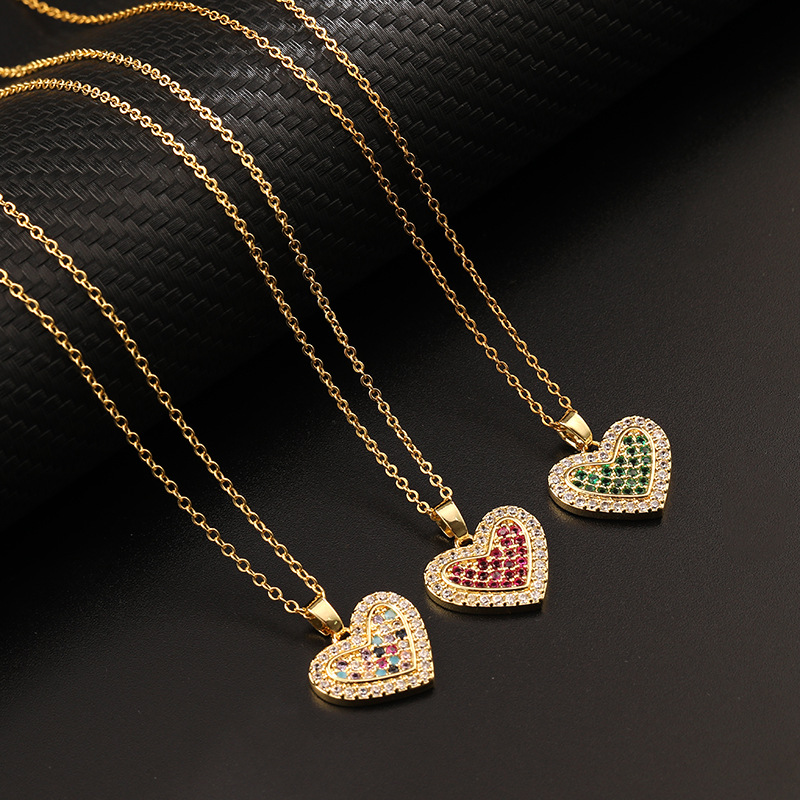 Europa Und Amerika Cross Border Love Anhänger Halskette Mikro-eingelegte Farbe Zirkon Schlüsselbein Kette Geometrische Mädchen Anhänger Herzförmige Halskette display picture 16
