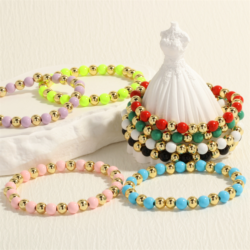 Solid Color Round Copper Beaded Plating Gold Plated Bracelets display picture 3