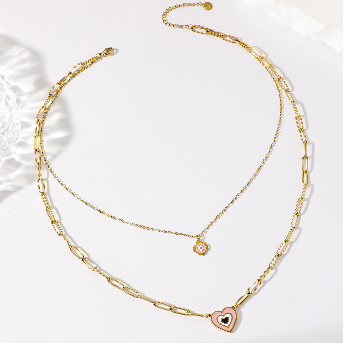 1 Elegant Real Gold Electroplating Oil Dripping Candy Color Flower Love Multi-layer Necklace All-match Stainless Steel Imitation Fade Double-layer Clavicle Chain display picture 4