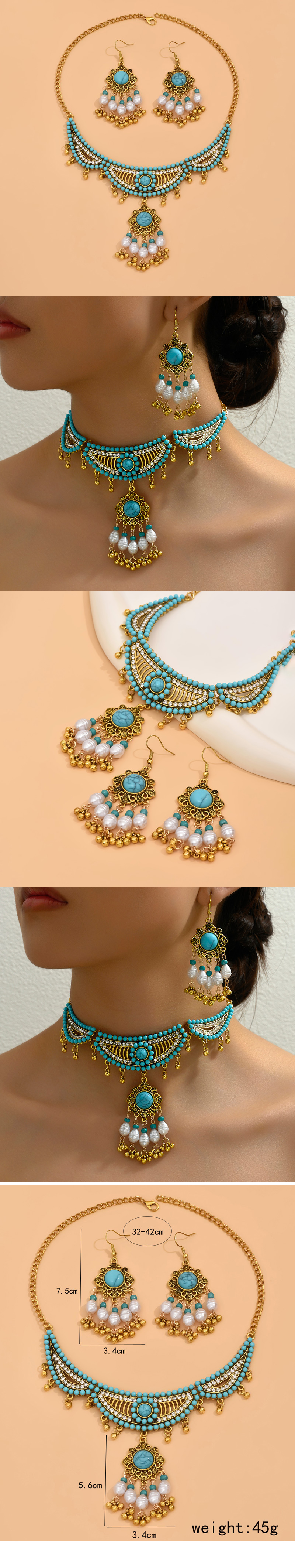 European And American Fashion Retro Simple Turquoise Accessories Exaggerated Temperamental Women's Necklace Earrings Women's Jewelry Set display picture 1