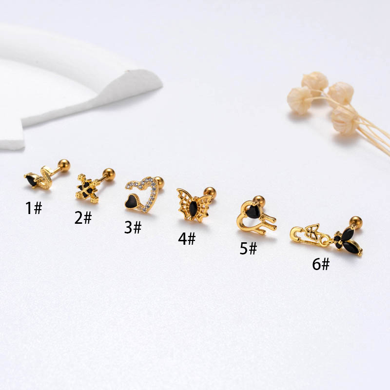 1 Piece Retro Geometric Heart Shape Butterfly Plating Inlay Copper Zircon Cartilage Earrings display picture 3