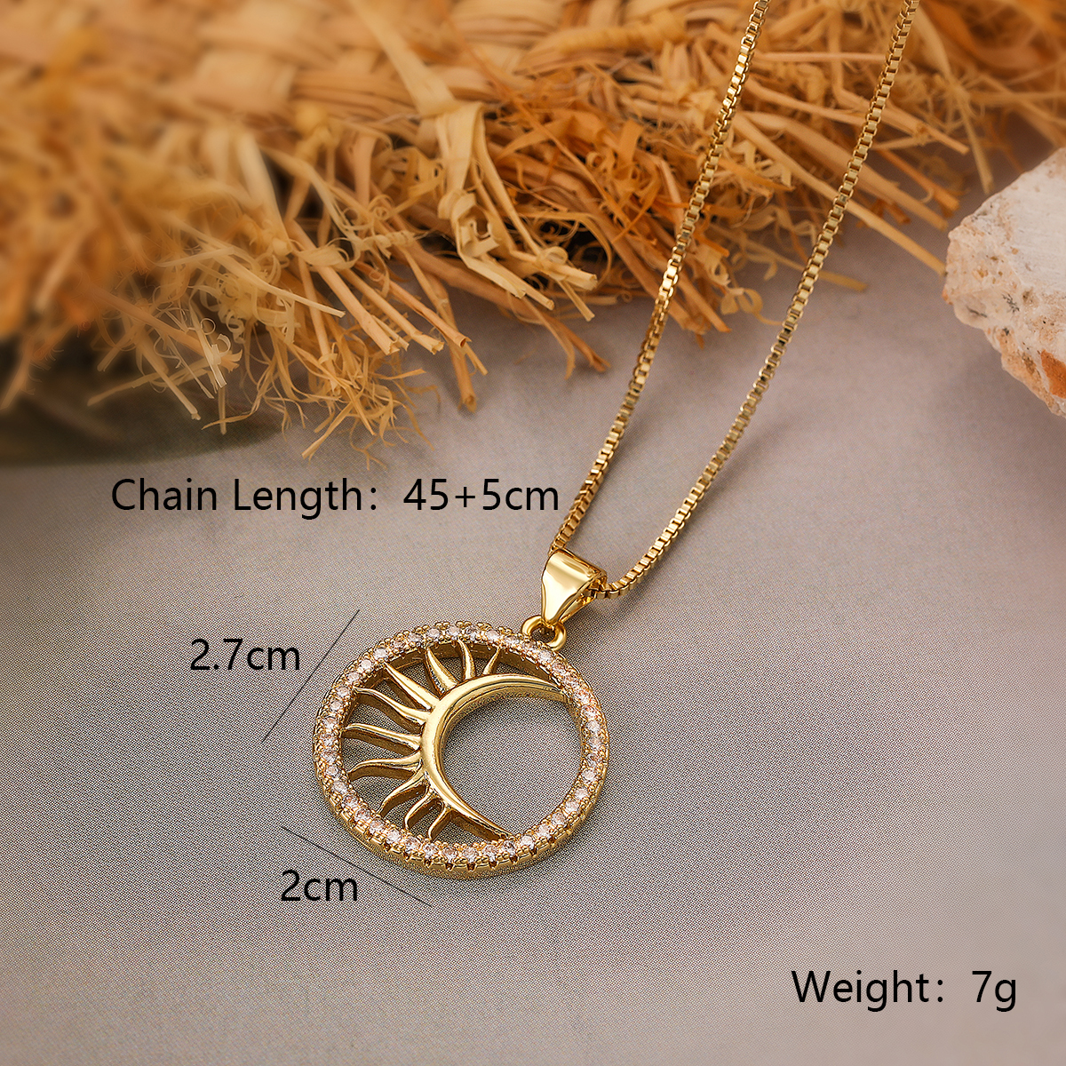 Aogu Cross-border Copper Plating 18k Gold Zircon Sun Moon Round Pendant Necklace Female Niche High Sense Necklace display picture 2