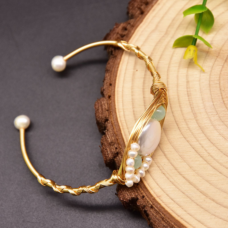 Classic Style Round Copper Plating Inlay Freshwater Pearl 18k Gold Plated Bangle display picture 1