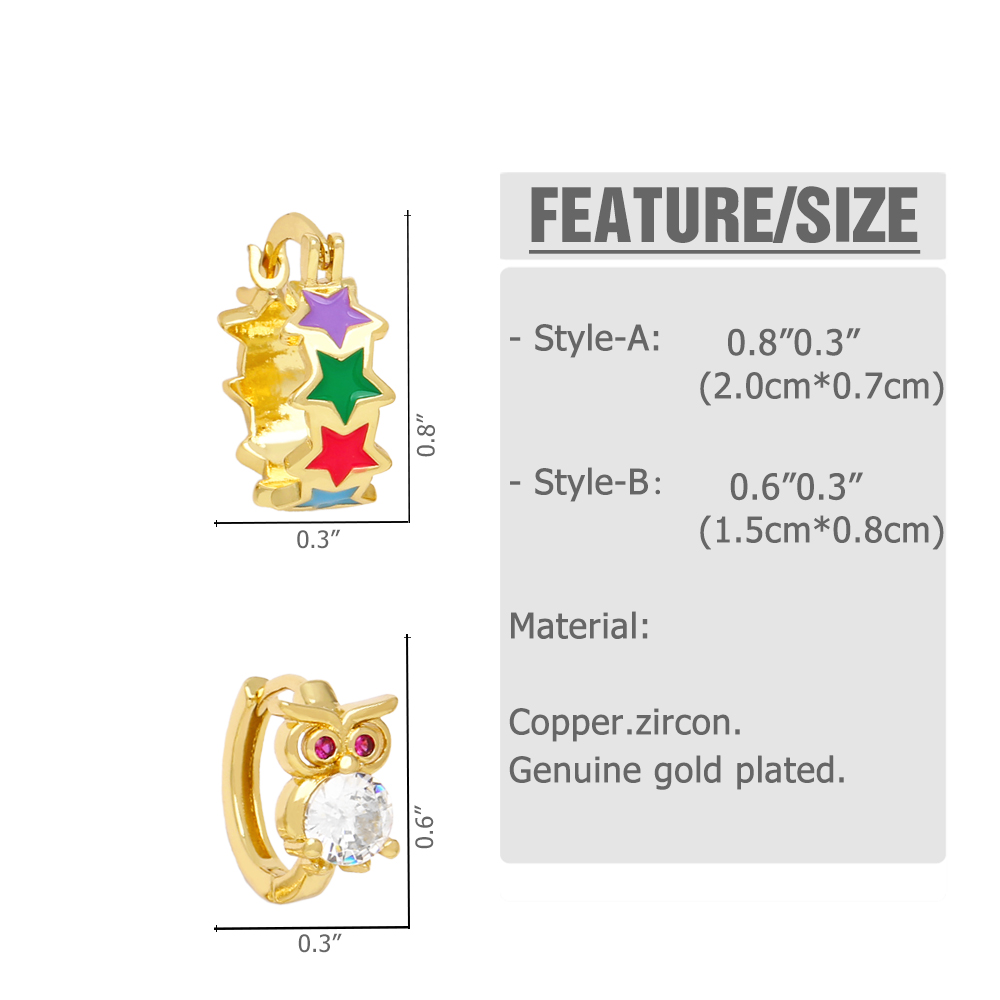1 Pair Cute Sweet Pentagram Owl Enamel Plating Inlay Copper Zircon 18k Gold Plated Hoop Earrings display picture 1
