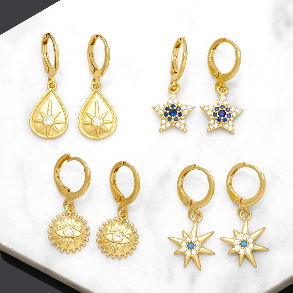 1 Pair Original Design Streetwear Sun Star Plating Inlay Copper Zircon 18k Gold Plated Drop Earrings display picture 2