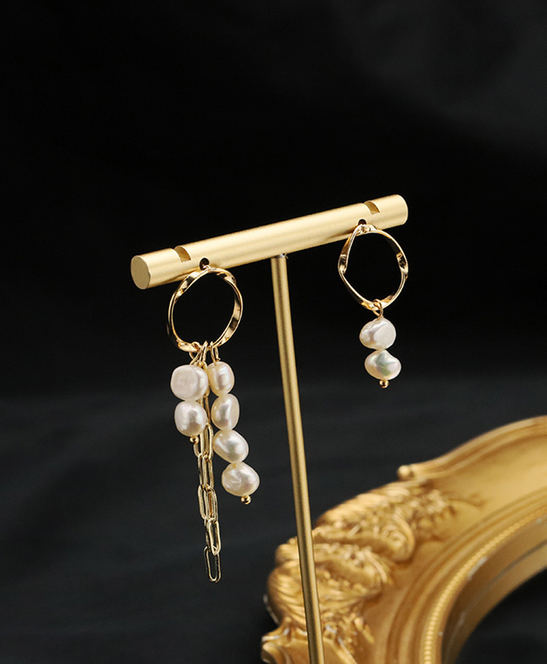1 Pair Simple Style Round Patchwork Plating Freshwater Pearl Copper 18k Gold Plated Drop Earrings display picture 1