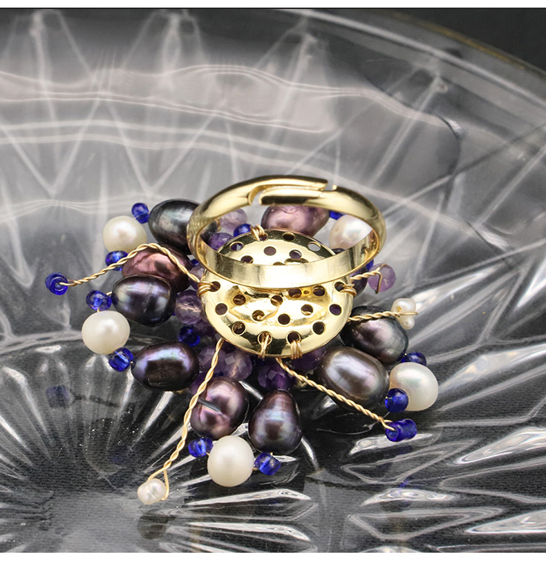 Retro Round Freshwater Pearl Copper Beaded Plating Inlay Pearl 18k Gold Plated Open Rings display picture 2