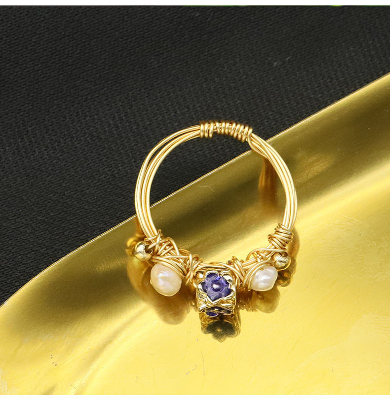 Retro Round Freshwater Pearl Sterling Silver 18K Gold Plated Rings In Bulk display picture 2