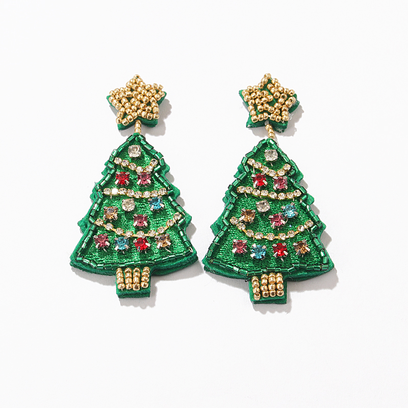 1 Pair Glam Christmas Artistic Christmas Tree Handmade Braid Inlay Beaded Cloth Rhinestones Drop Earrings display picture 2