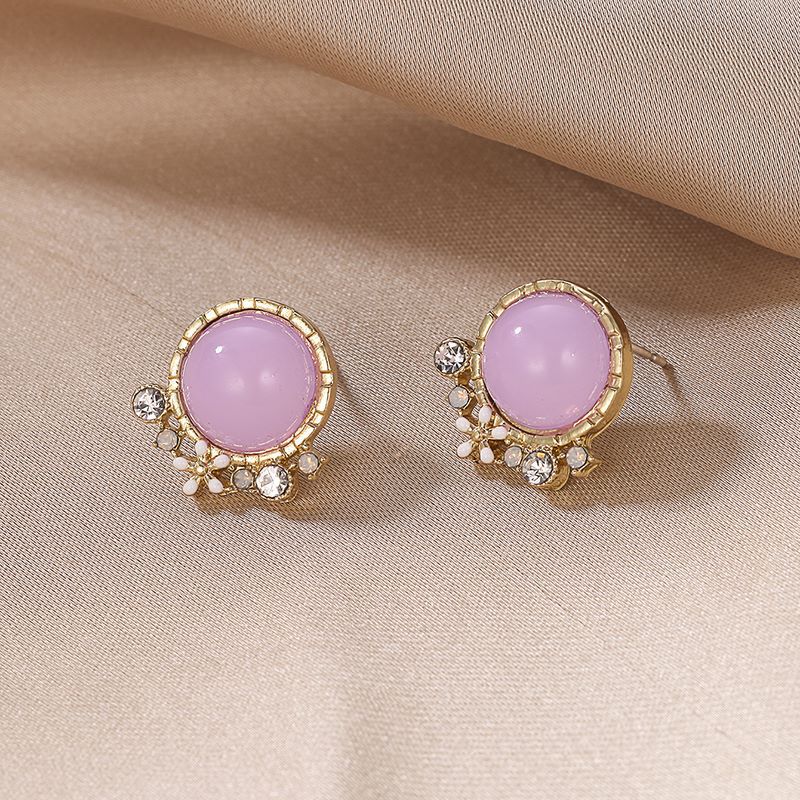 1 Pair Simple Style Round Inlay Alloy Rhinestones Opal Ear Studs display picture 5