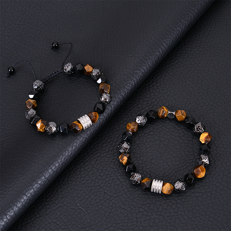Retro Round Natural Stone Obsidian Beaded Men's Bracelets display picture 2