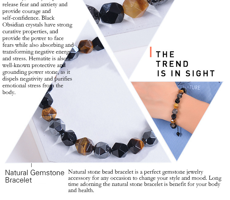 Retro Round Natural Stone Tiger Eye Obsidian Beaded Men's Bracelets display picture 1