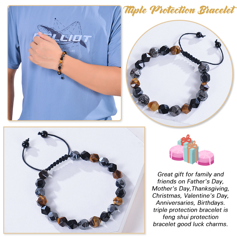 Retro Round Natural Stone Tiger Eye Obsidian Beaded Men's Bracelets display picture 6