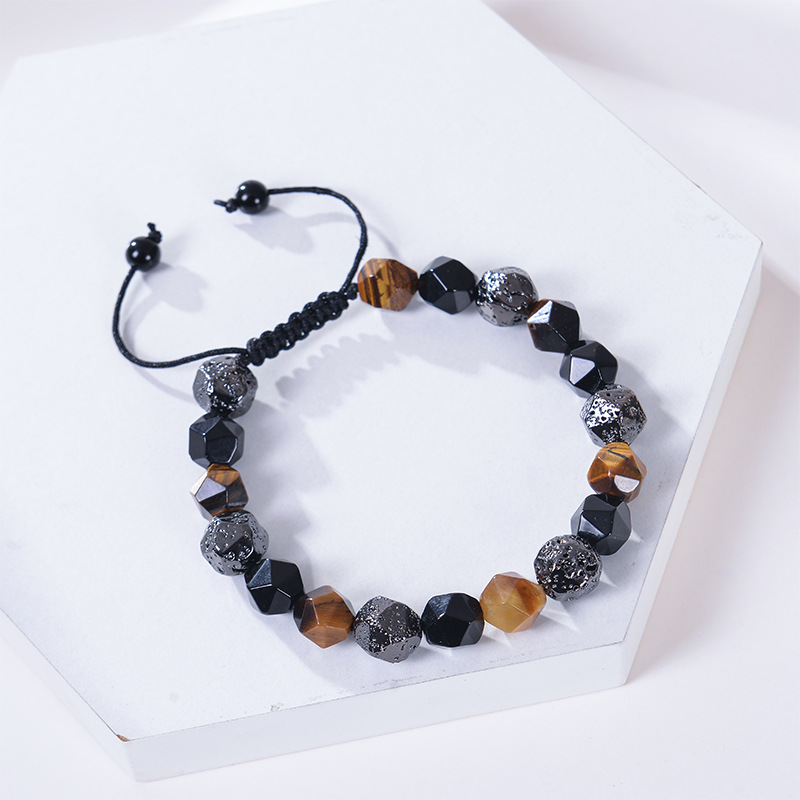 Retro Round Natural Stone Tiger Eye Obsidian Beaded Men's Bracelets display picture 7