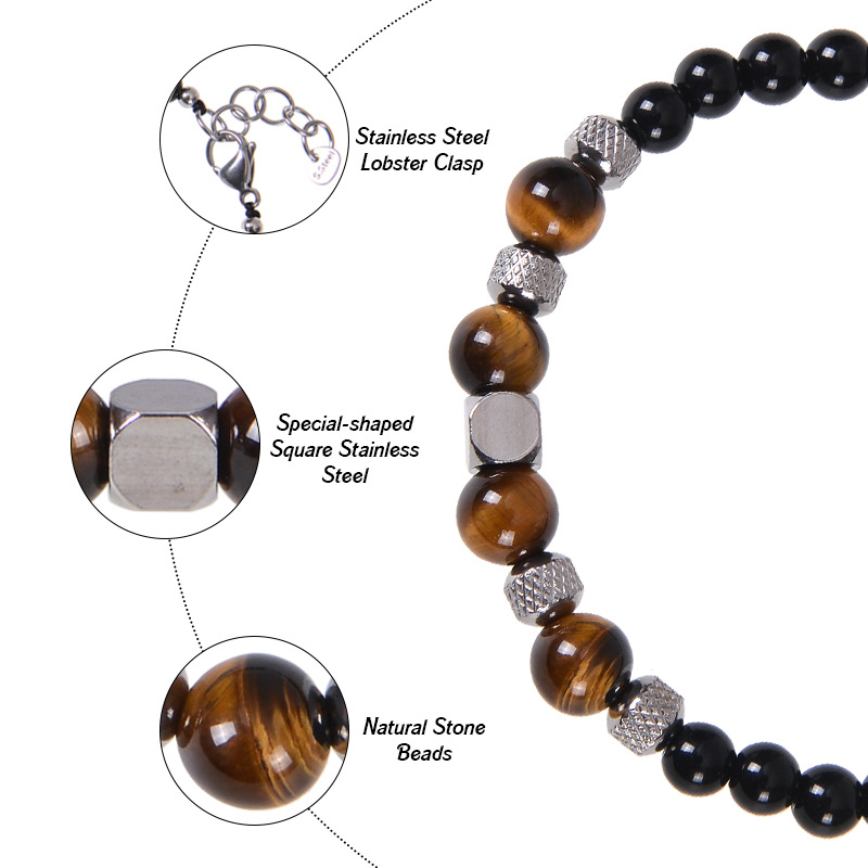 Classic Style Round Tiger Eye Obsidian Beaded Men's Bracelets display picture 2