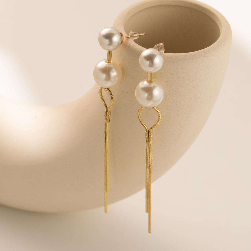 1 Pair Sweet Simple Style Round Tassel Tassel Plating Imitation Pearl Copper Drop Earrings display picture 2