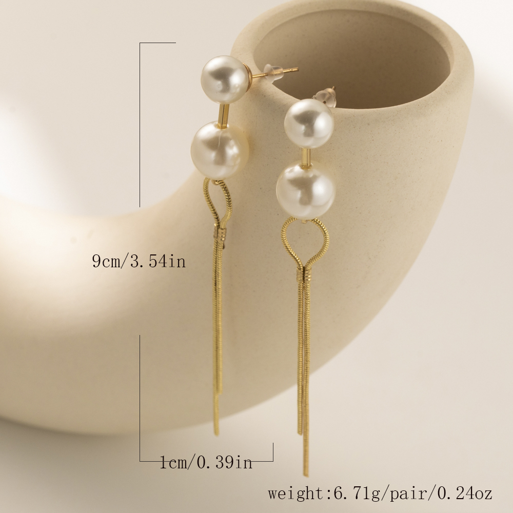 1 Pair Sweet Simple Style Round Tassel Tassel Plating Imitation Pearl Copper Drop Earrings display picture 5