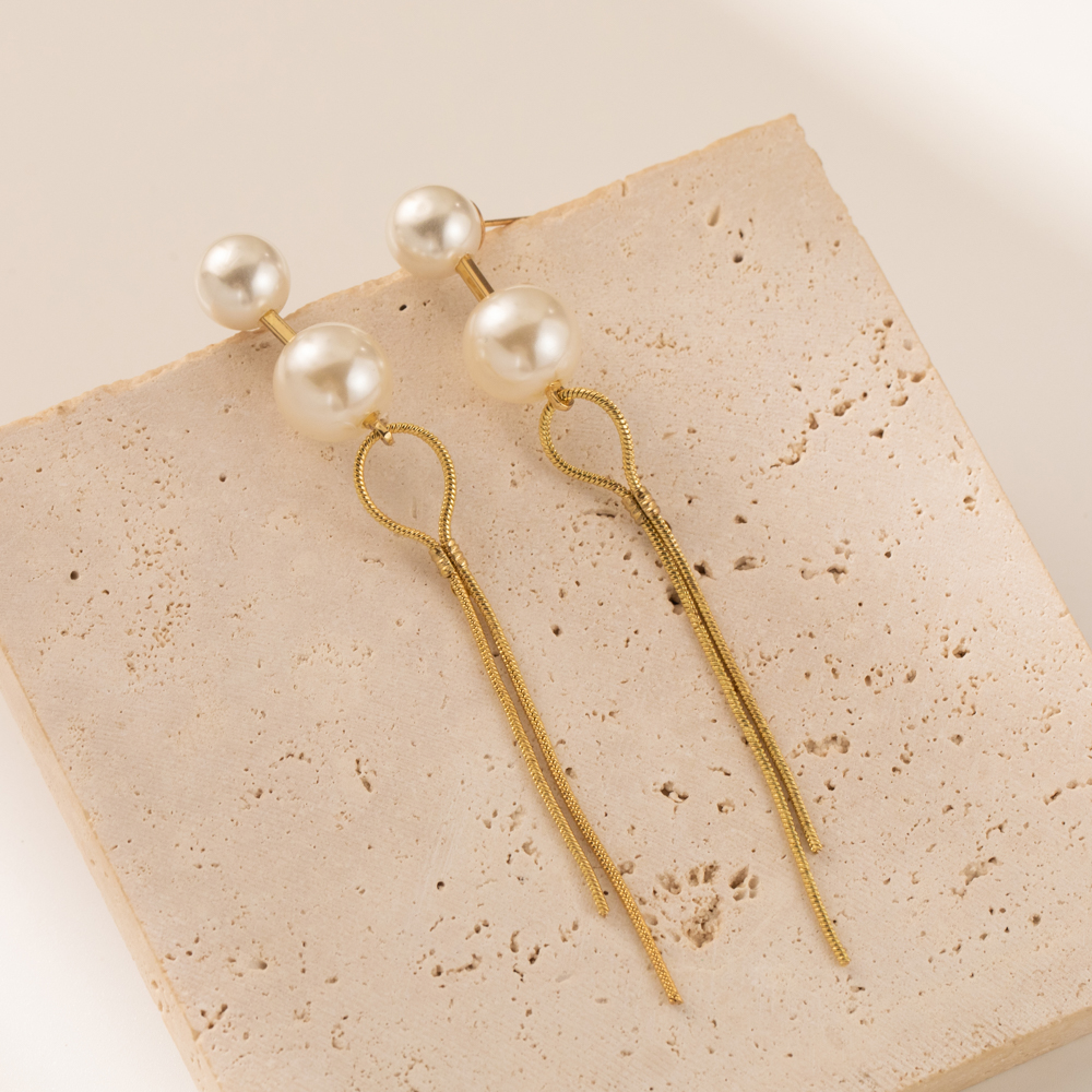 1 Pair Sweet Simple Style Round Tassel Tassel Plating Imitation Pearl Copper Drop Earrings display picture 3