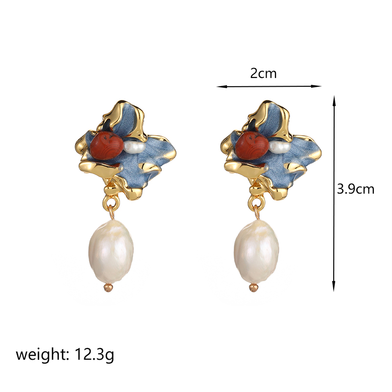 1 Pair Retro Flower Plating Metal Inlay Copper Freshwater Pearl Agate 18k Gold Plated Drop Earrings display picture 4
