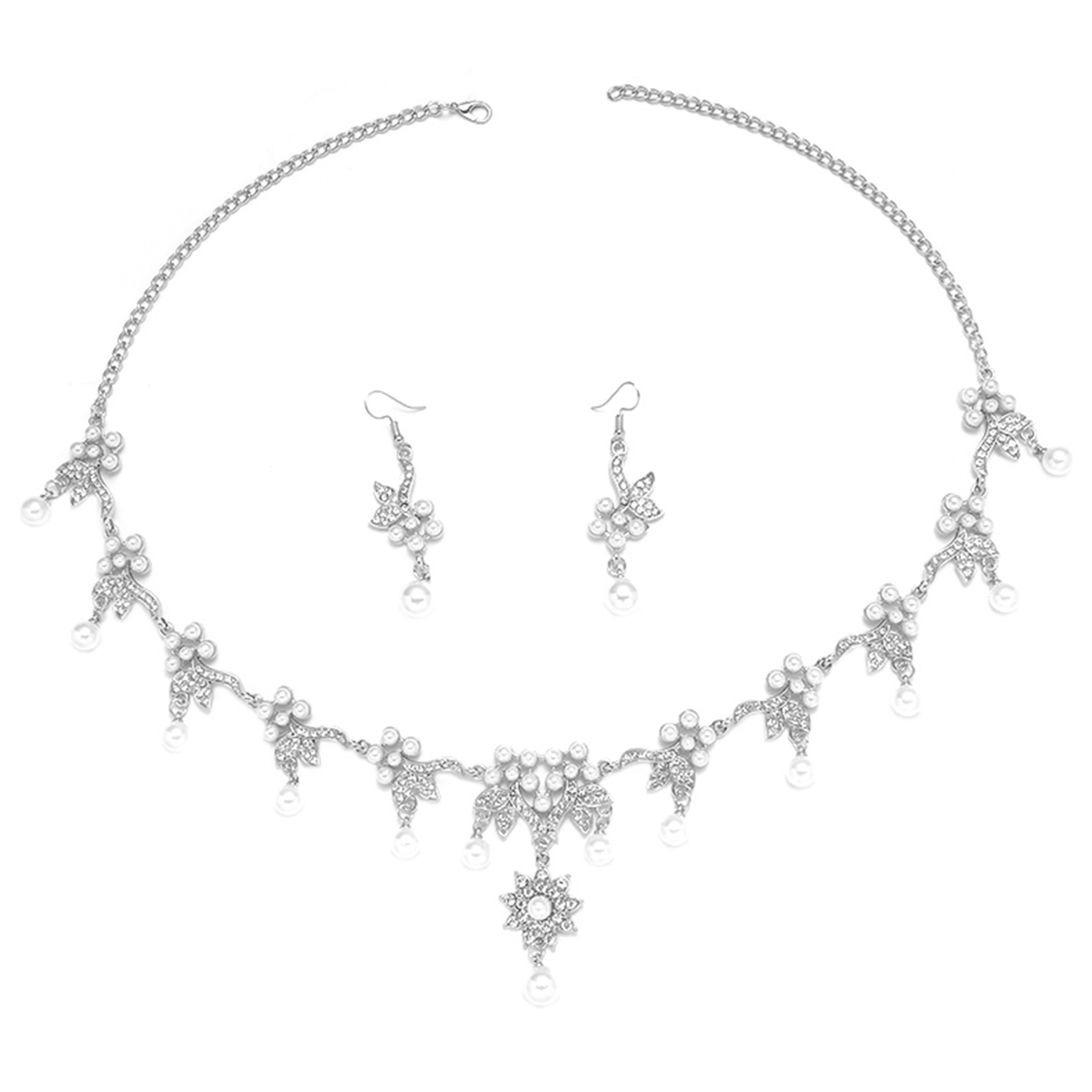 Elegant Leaf Alloy Hollow Out Rhinestones Silver Plated Unisex Earrings Necklace display picture 1