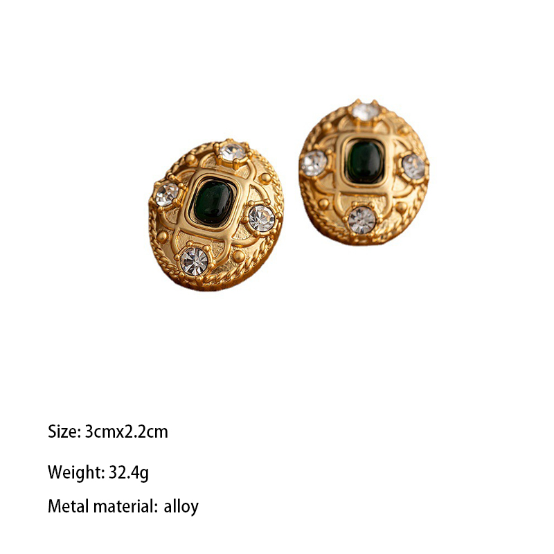 1 Pair Elegant Retro Oval Plating Inlay Alloy Artificial Gemstones Rhinestones 18k Gold Plated Ear Studs display picture 5