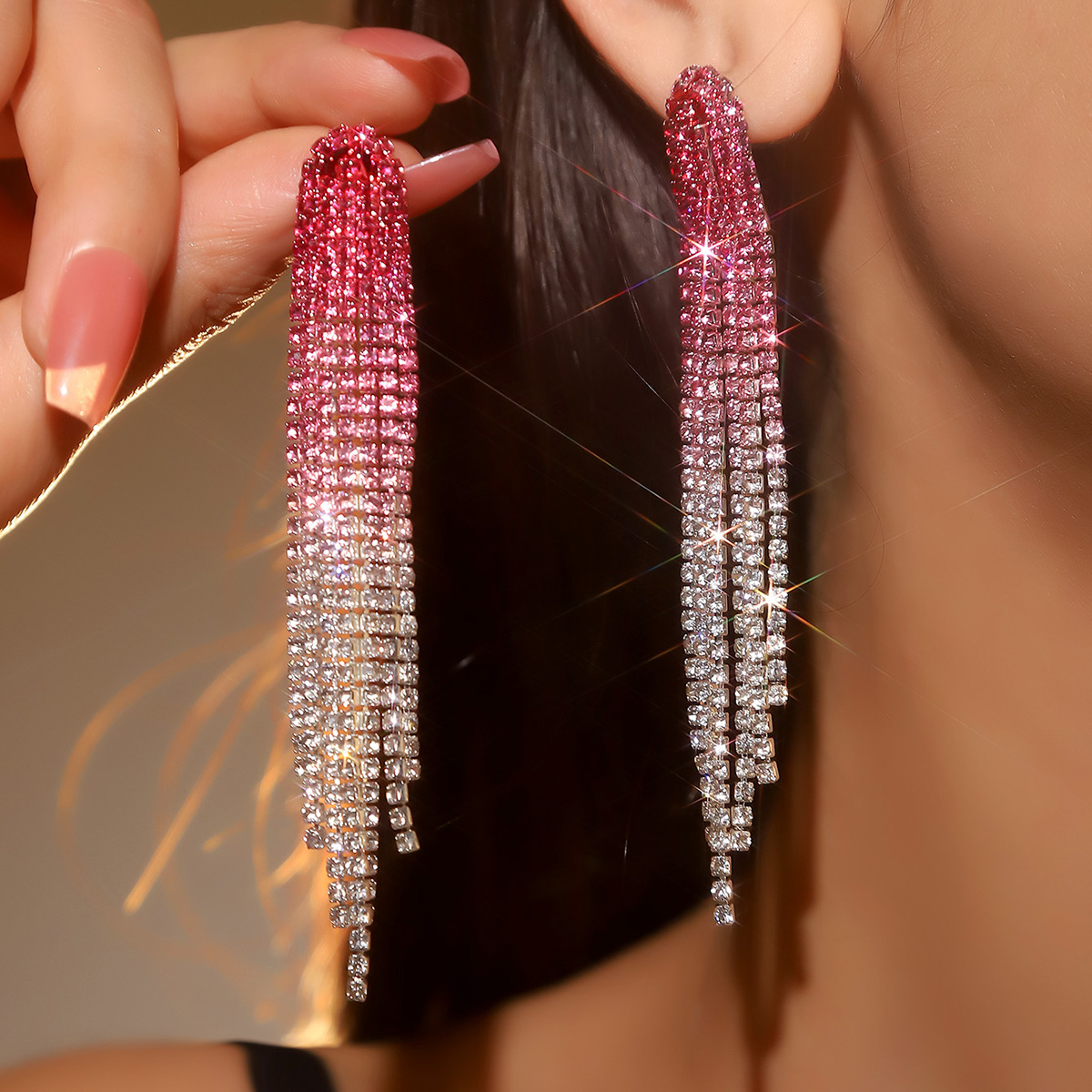 1 Pair Elegant Luxurious Geometric Tassel Plating Inlay Alloy Rhinestones Silver Plated Drop Earrings display picture 8